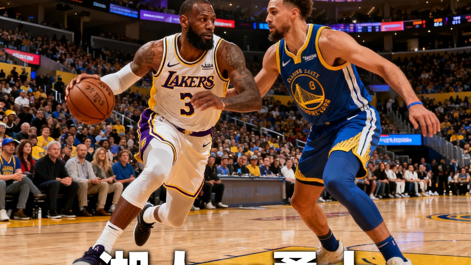 NBA常规赛湖人主场迎战勇士的直播画面，盘球吧同步比分